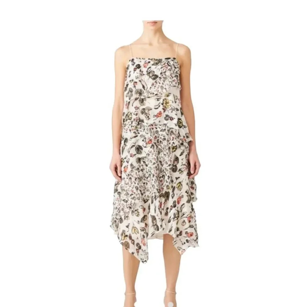 Grey Jason Wu Silk Dress Spaghetti Straps Midi Ruffles Tiered Cream 8
